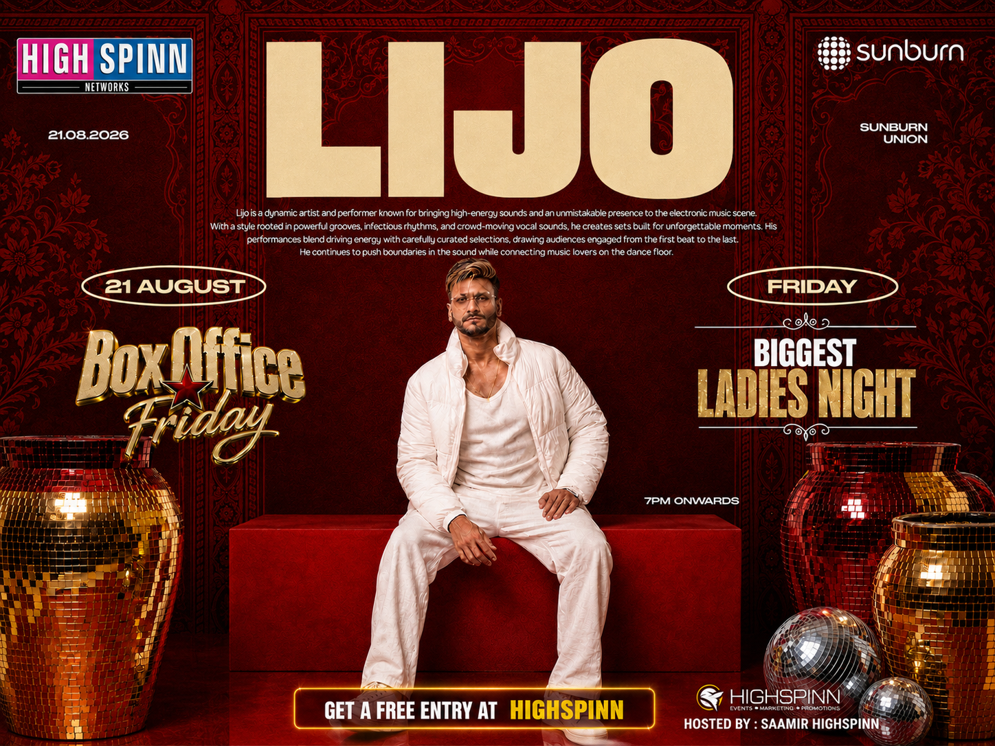 FRIDAY BIGGEST LADIES NIGHT FT DJ LIJO AT SUNBURN UNION