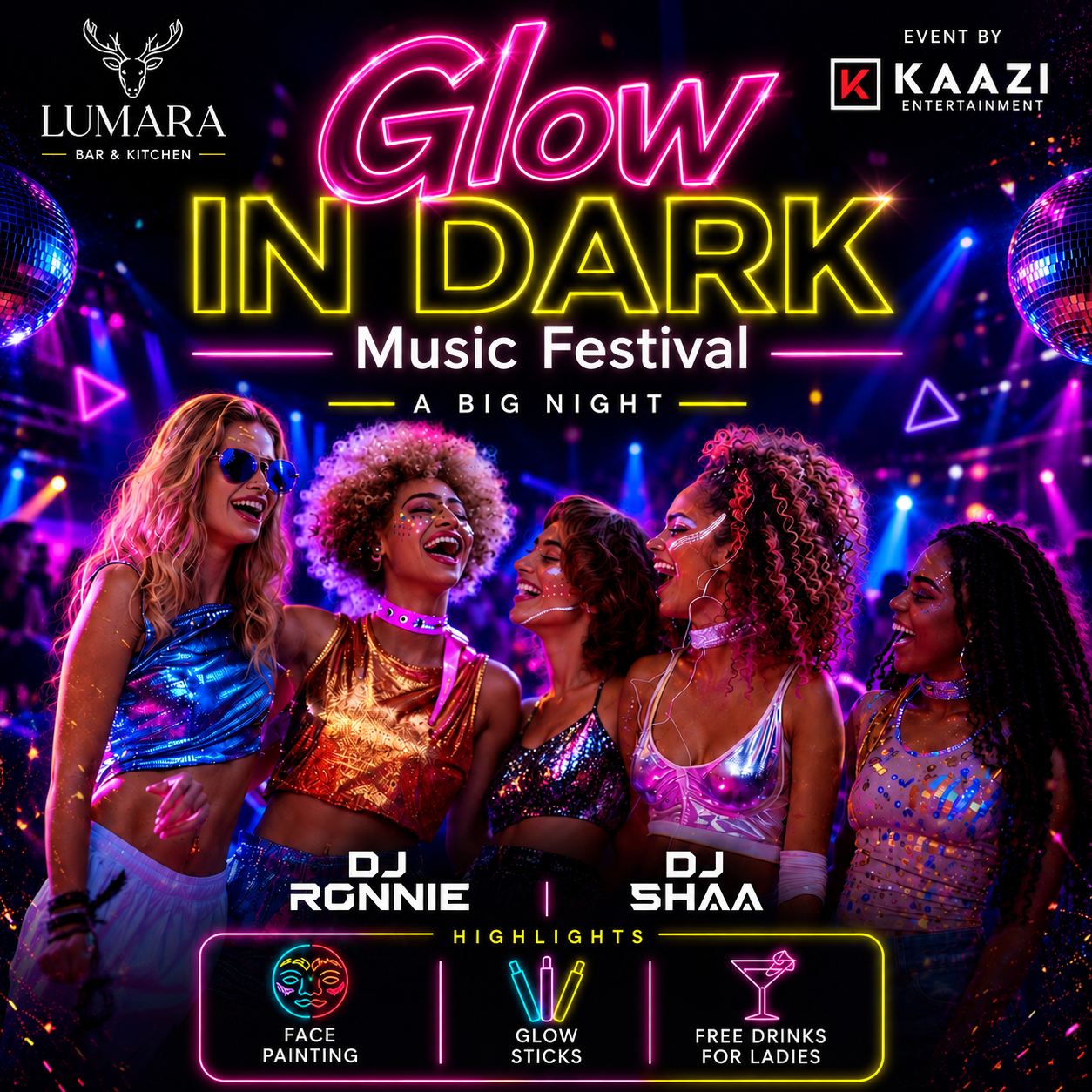 SATURDAY GLOW IN DARK MUSIC FESTIVAL AT LUMARA
